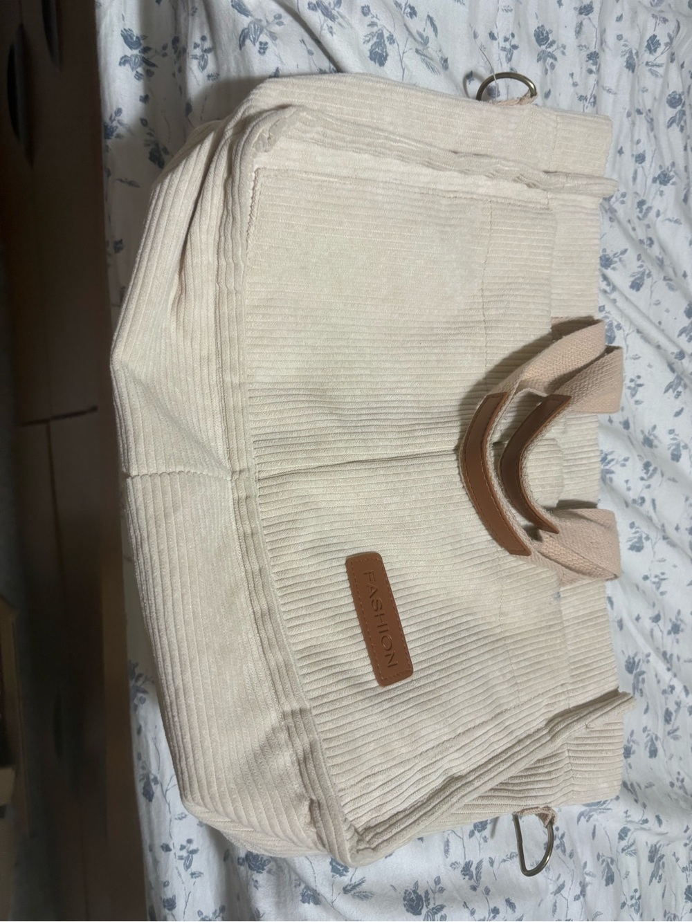 Cream Corduroy Weekender Bag with Tan Accents